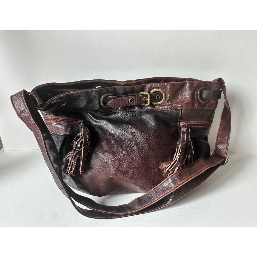 Vintage Brown Pebbled Leather Hobo Bag Tassel Crossbody Brass Hardware Slouchy